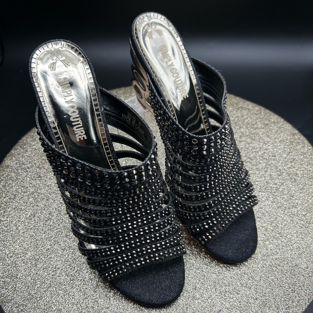 Simply Couture Strappy Black Sequin Rhinestone Slide Dress Sandals Size 8 NWOT